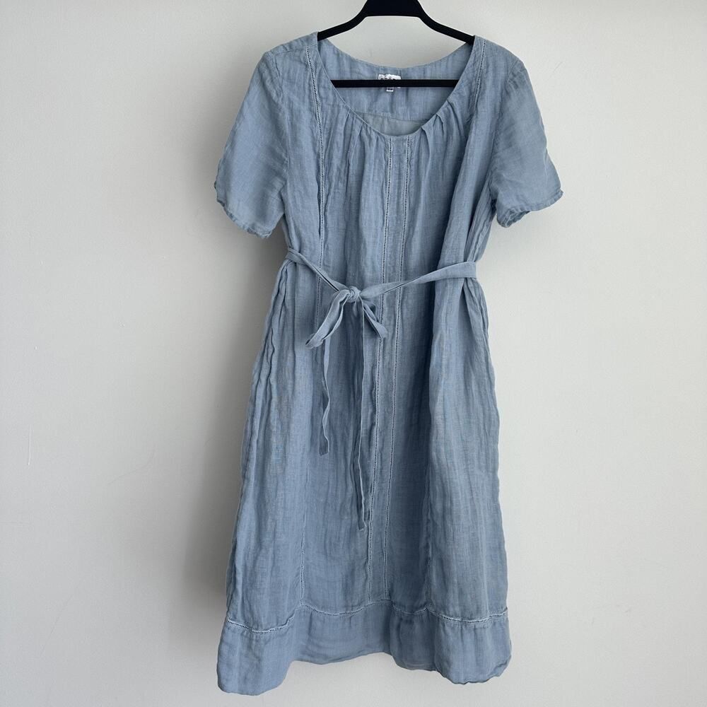 Brora Dress UK 12 US 8 Blue Organic Crinkle Linen Belted Cottage Coastal Prairie